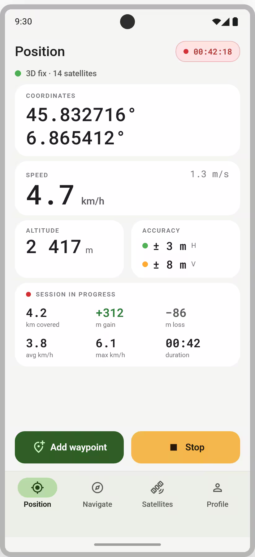 CairnGPS main screen showing live coordinates, speed, altitude, accuracy and current session statistics